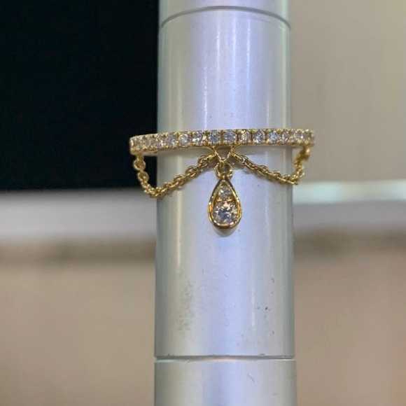 14K Yellow Gold Diamond Band and Chain Dangle Ring - Picture 3 of 7